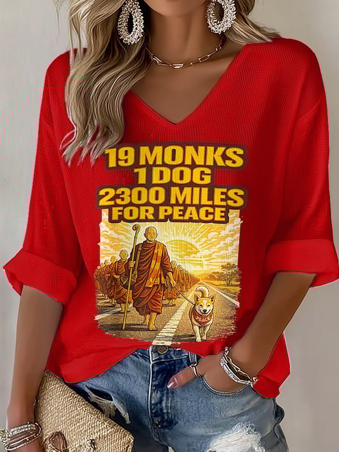 V-Neck Retro Walk For Peace 19 Monks 1 Dog 2300 Miles For Peace Print T-Shirt