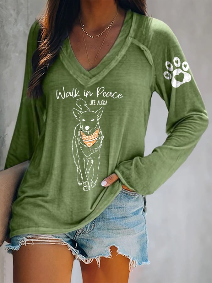 V-neck Retro Walk For Peace Monks With Aloka Dog Print T-Shirt