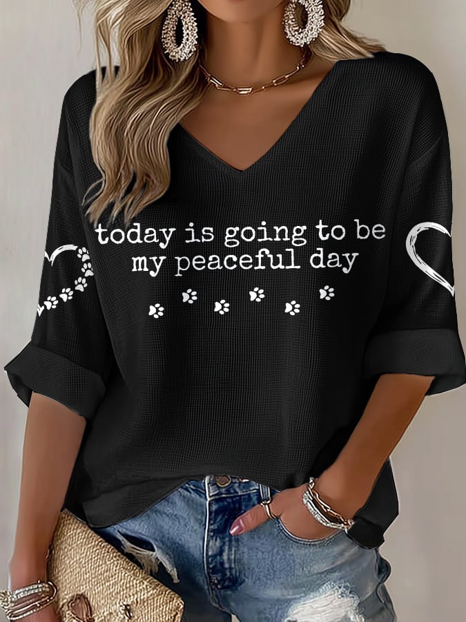 V-Neck Retro Peace Walking Monks With Aloka Dog Today Is Going To Be Our Peaceful Day Print T-Shirt