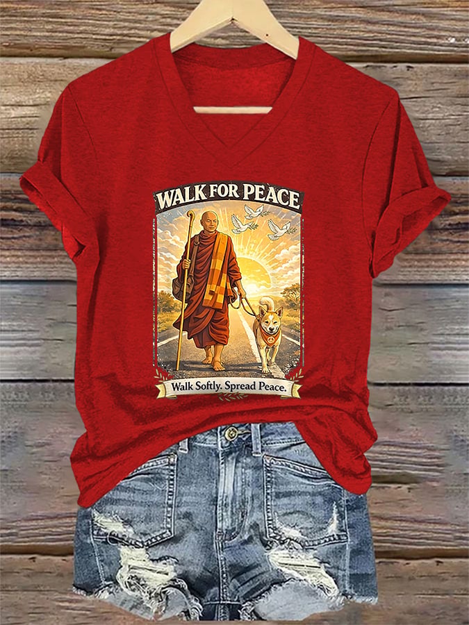 V-Neck Retro Walk For Peace Monks With Aloka The Peace Dog Walk For Peace Walk Softly. Spread Peace Print T-Shirt
