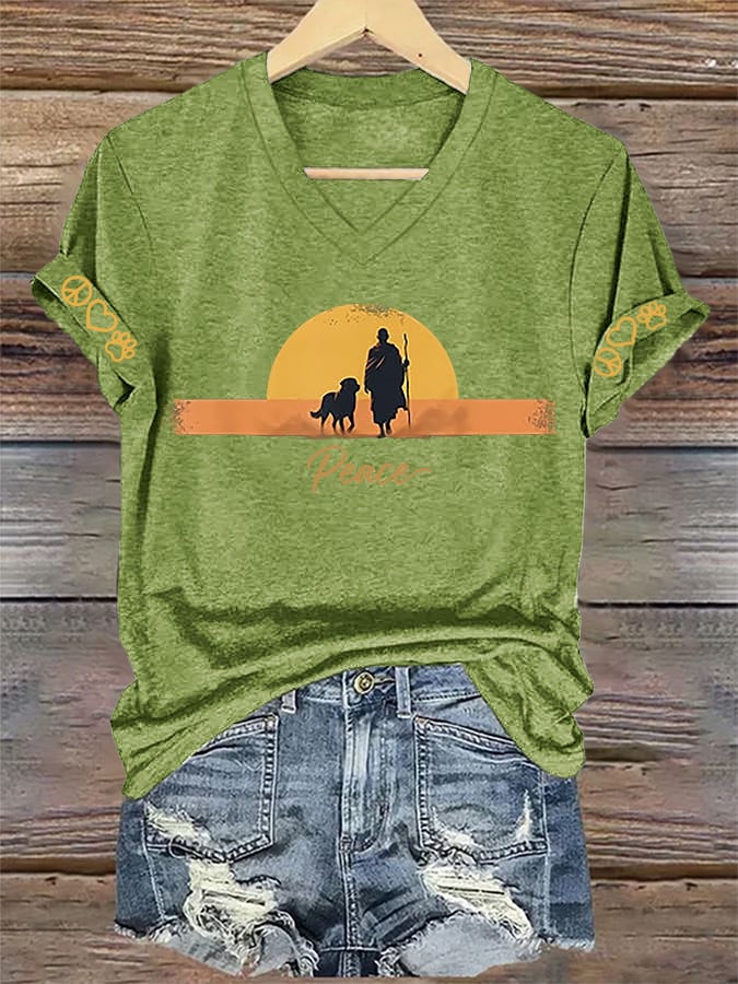 V-Neck Retro Walk For Peace Monks With Aloka Dog Print T-Shirt
