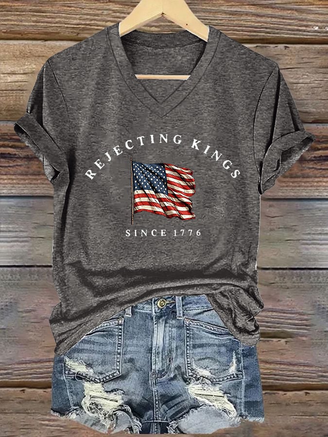 🔥Buy 3 Get 15% Off🔥V-Neck Retro Rejecting Kings Since 1776 Print T-Shirt