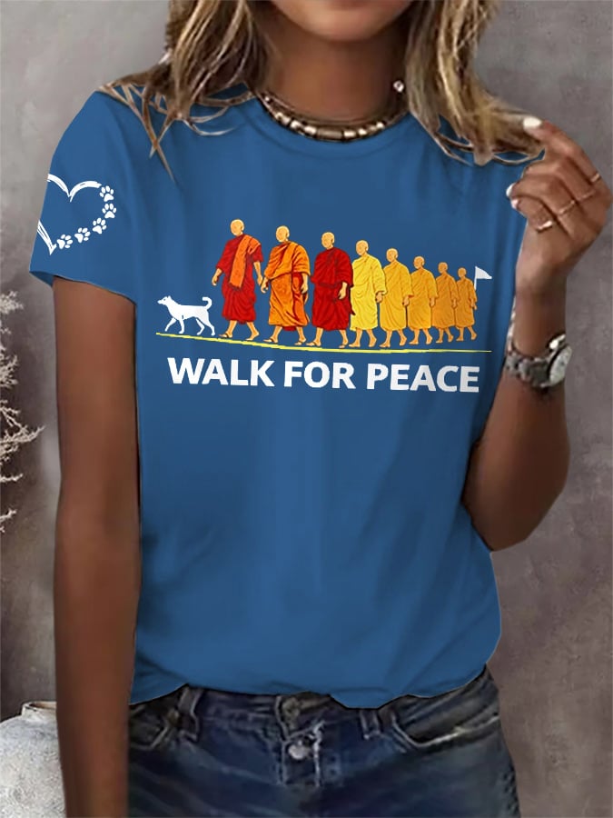 Retro Walk For Peace Monks With Aloka Dog Print T-Shirt