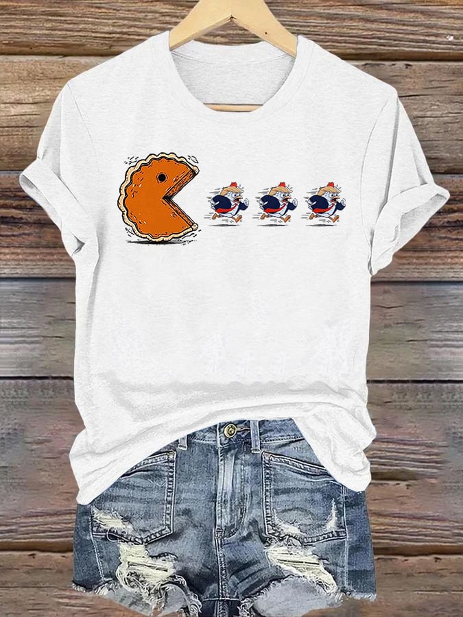 Women's Funny Turkey Chasing Pie Sublimation FDT Thanksgiving T-Shirt