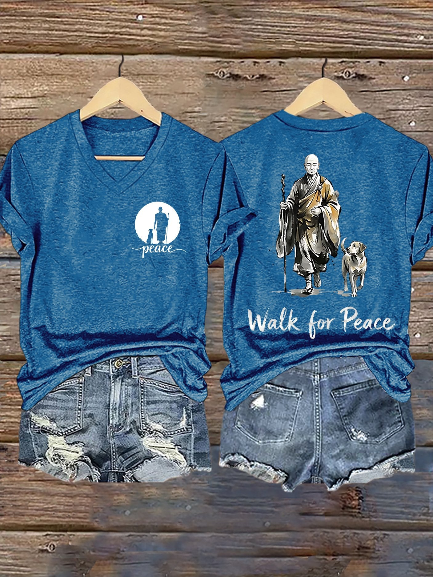 V-Neck Retro Walk For Peace Monks With Aloka Dog Print T-Shirt