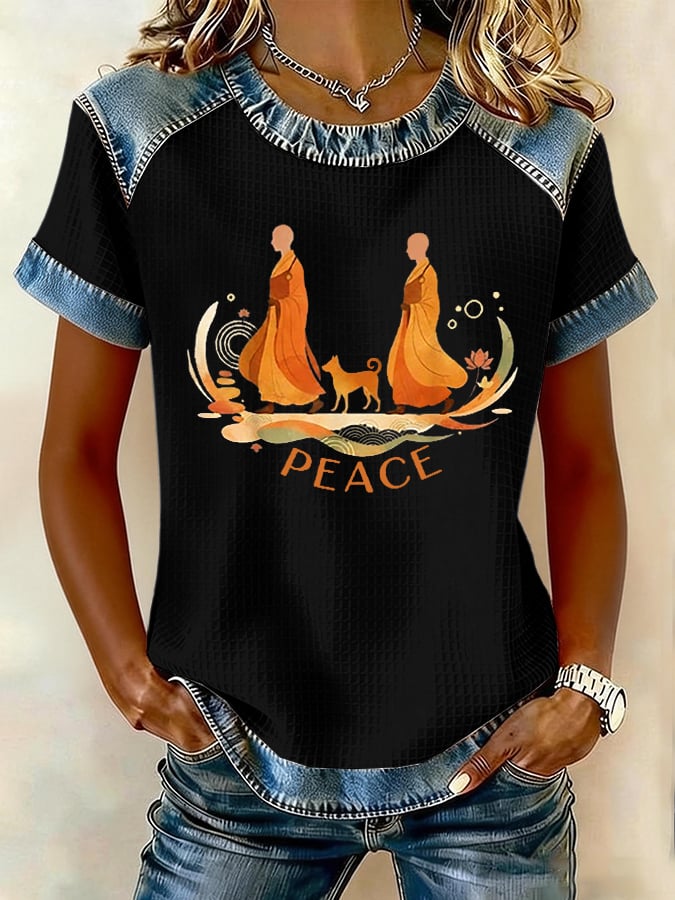 Retro Walk For Peace Monks With Aloka Dog Print Print T-Shirt