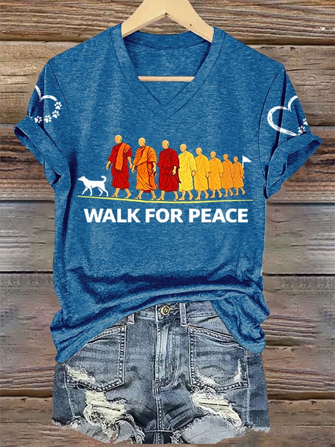 V-Neck Retro Walk For Peace Monks With Aloka Dog Print T-Shirt