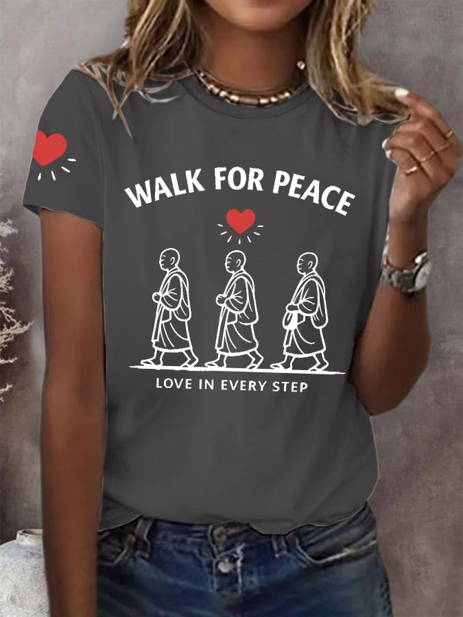 Retro Walk For Peace Love In Every Step Print T-Shirt