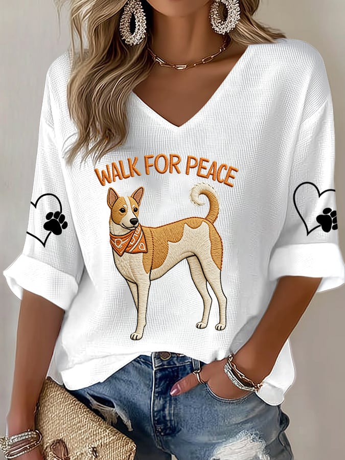 V-Neck Retro Walk For Peace Monks With Aloka Dog Print T-Shirt