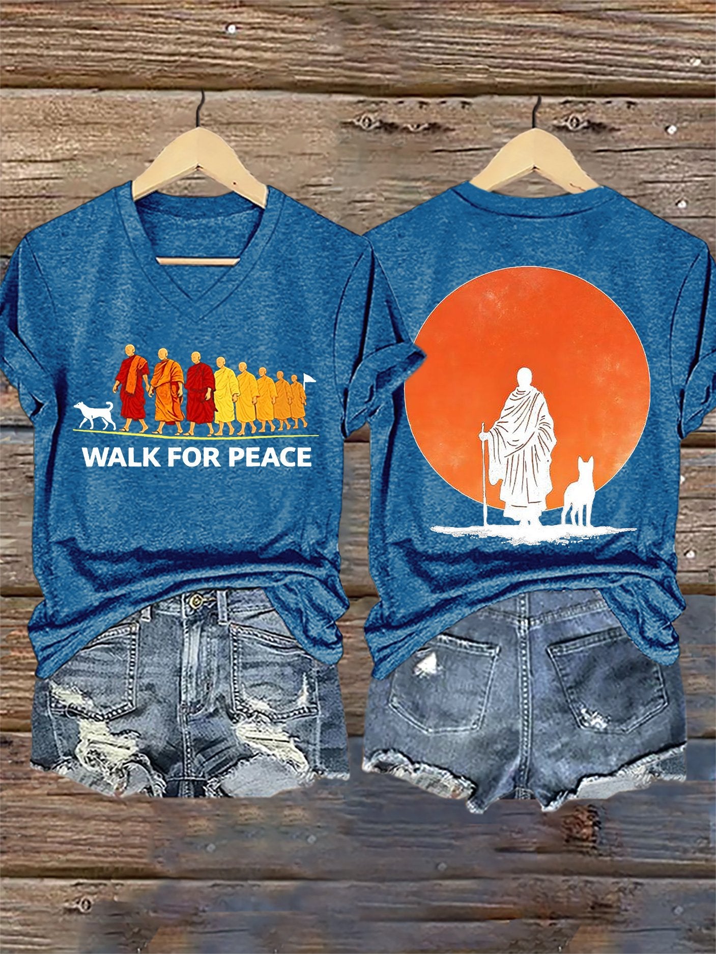 V-Neck Retro Walk For Peace Monks With Aloka Dog Print T-Shirt