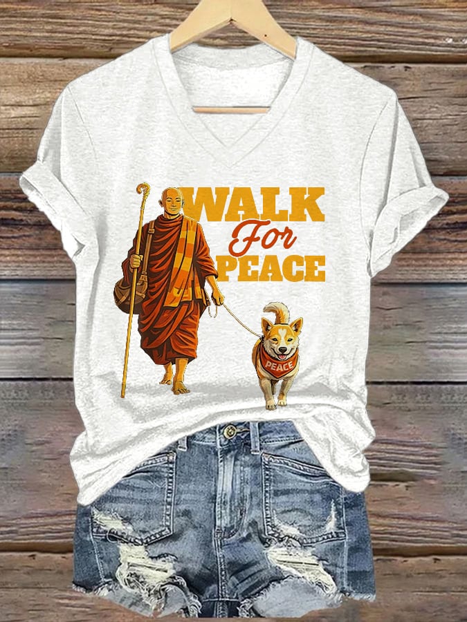 V-Neck Retro Walk For Peace Monks With Aloka Dog Print T-Shirt