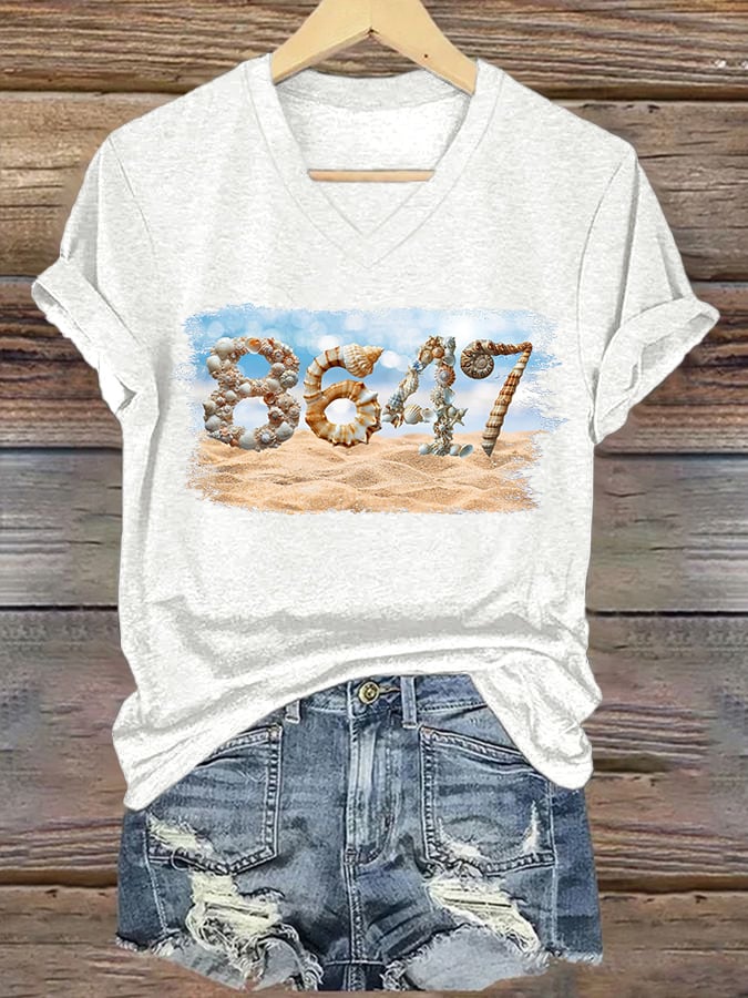 🔥Buy 3 Get 15% Off🔥V-Neck Retro 8647 Beach Seashells Print T-Shirt