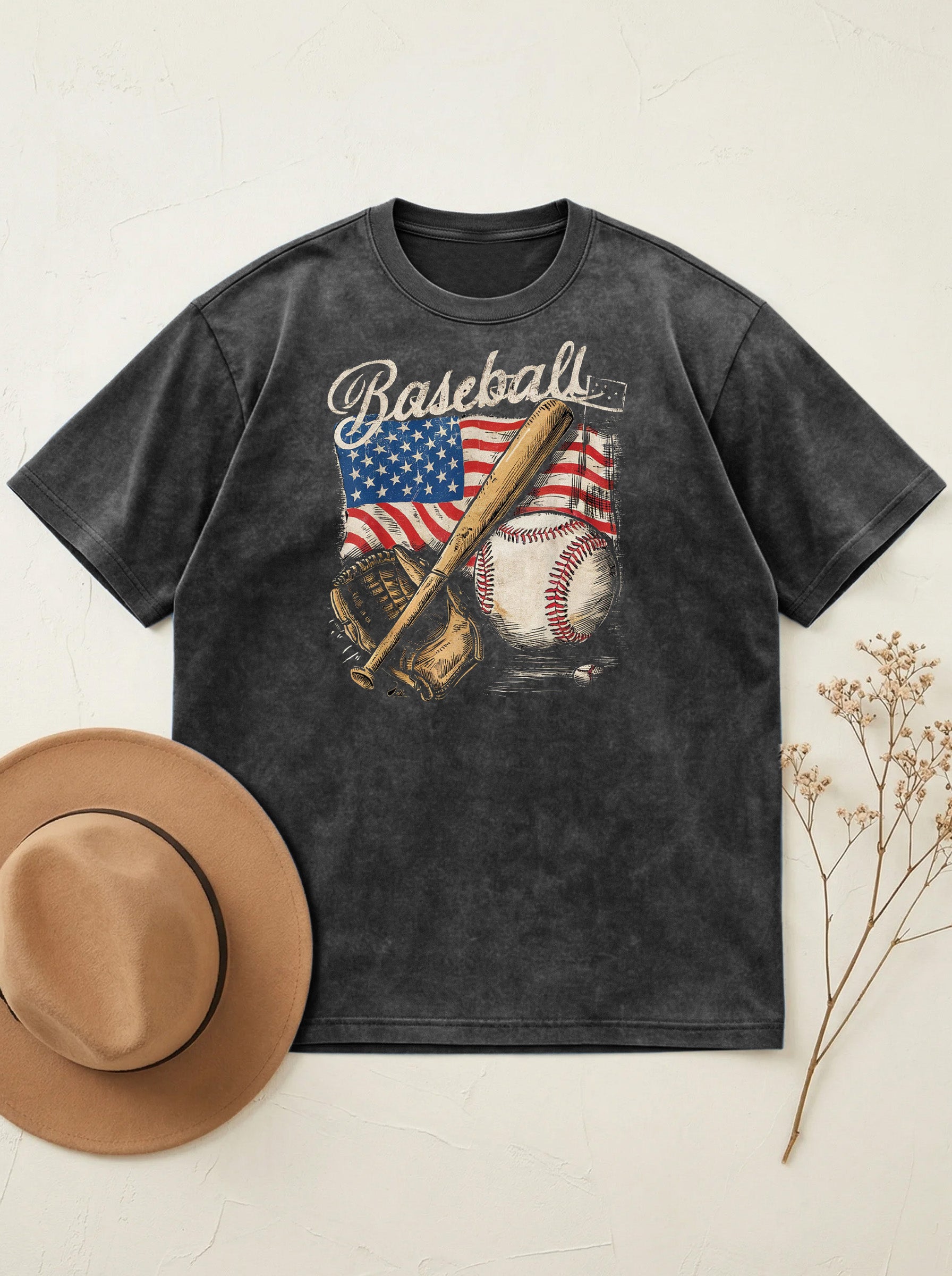 Vintage Baseball American Flag Cotton Short Sleeve T-shirt