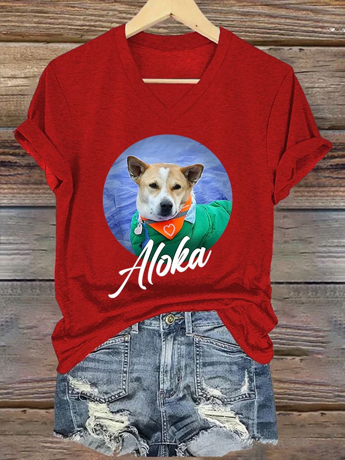 V-Neck Retro Walk For Peace Monks With Aloka Dog Print T-Shirt