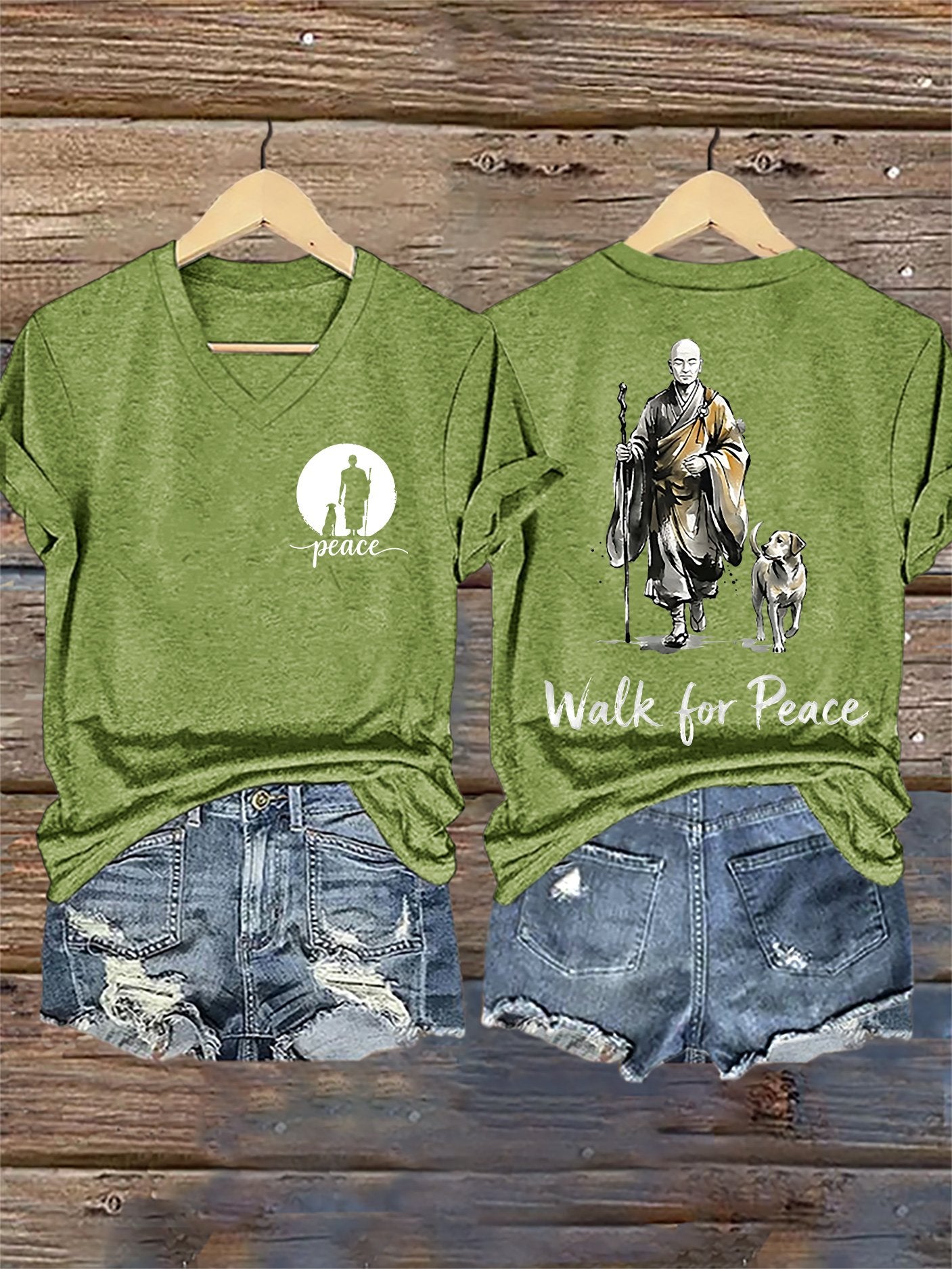 V-Neck Retro Walk For Peace Monks With Aloka Dog Print T-Shirt