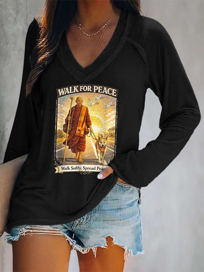 V-neck Retro Walk For Peace Monks With Aloka The Peace Dog Walk For Peace Walk Softly. Spread Peace Print T-Shirt