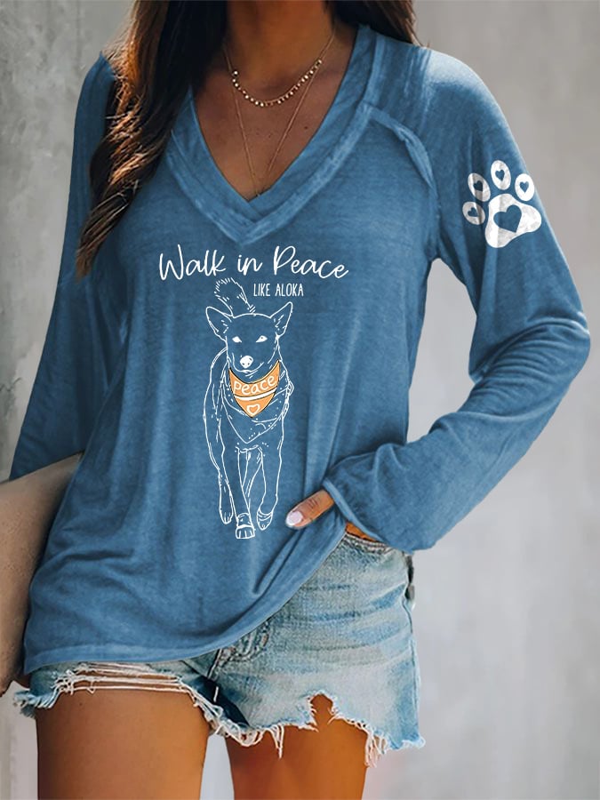 V-neck Retro Walk For Peace Monks With Aloka Dog Print T-Shirt