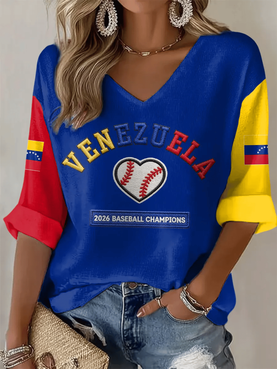 Women's Baseball Print V-Neck Top