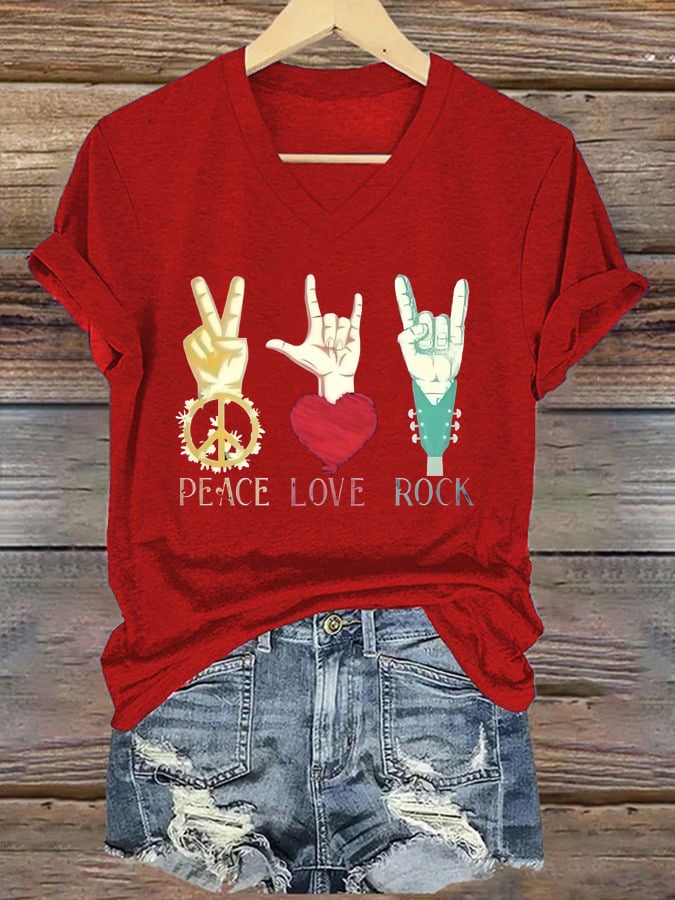 Women's Colorful Peace And Love Print V Neck T-Shirt Top