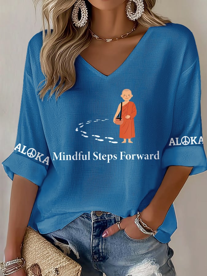 V-Neck Retro Walk For Peace Mindful Steps Forward Peace Walking Monks Print T-Shirt