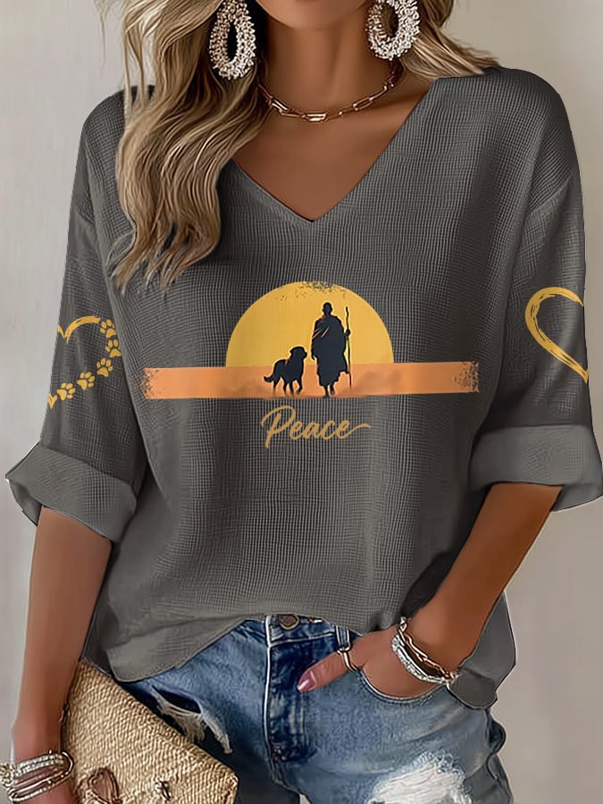 V-Neck Retro Walk For Peace Monks With Aloka Dog Print T-Shirt