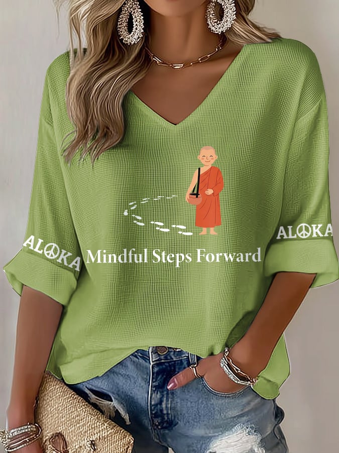 V-Neck Retro Walk For Peace Mindful Steps Forward Peace Walking Monks Print T-Shirt