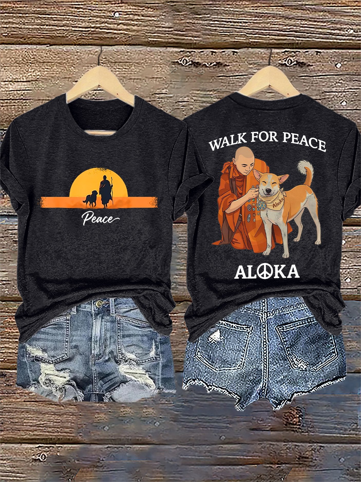 Retro Walk For Peace Monks With Aloka Dog Print T-Shirt