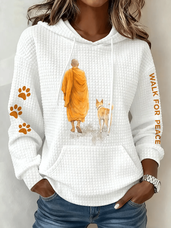 Monks' Peace Walk Print Casual Hooded Sweatshirt