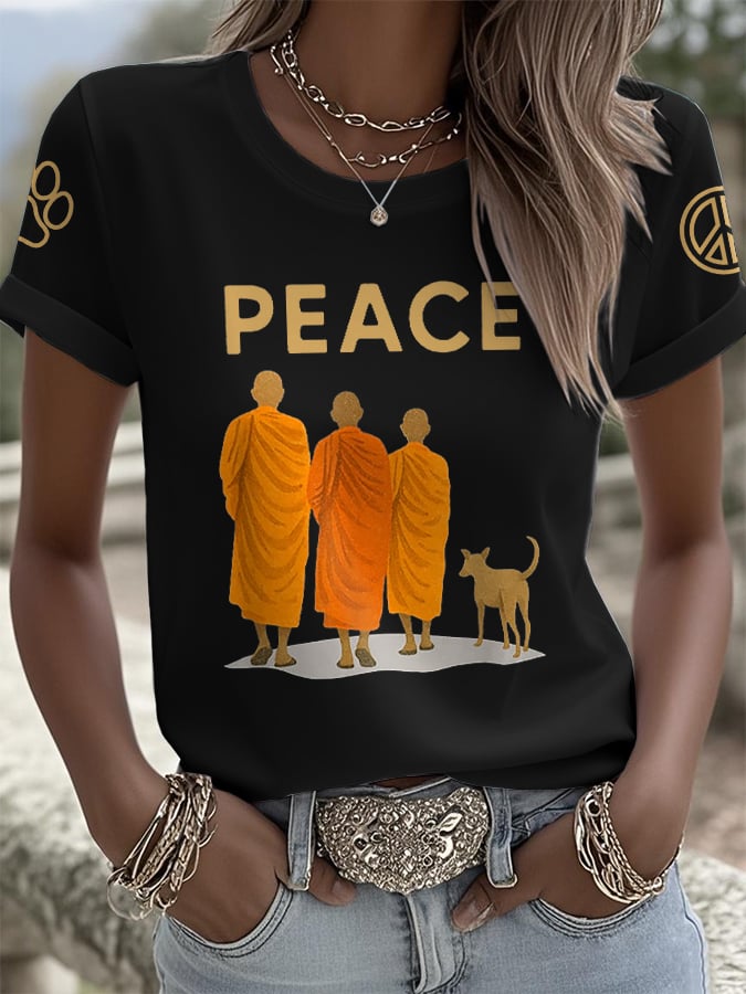 Retro Walk For Peace Monks With Aloka Dog Print T-Shirt