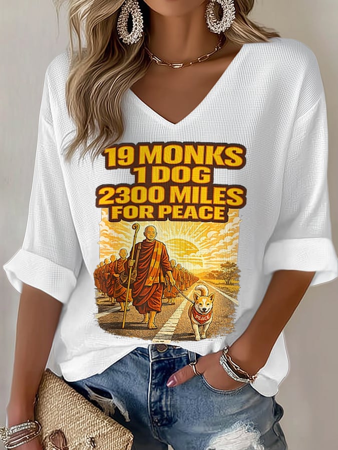 V-Neck Retro Walk For Peace 19 Monks 1 Dog 2300 Miles For Peace Print T-Shirt
