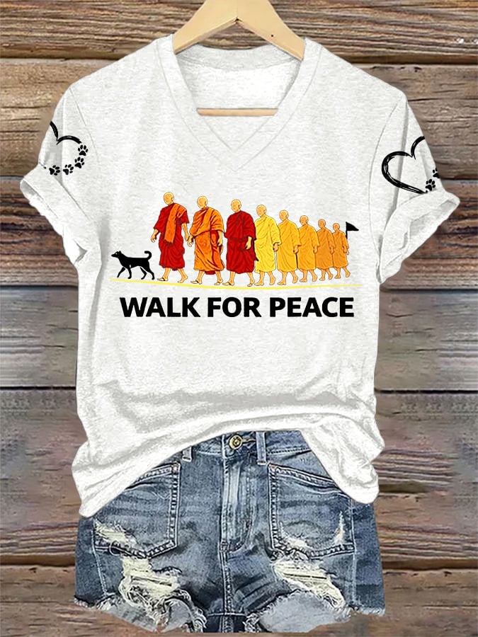 V-Neck Retro Walk For Peace Monks With Aloka Dog Print T-Shirt