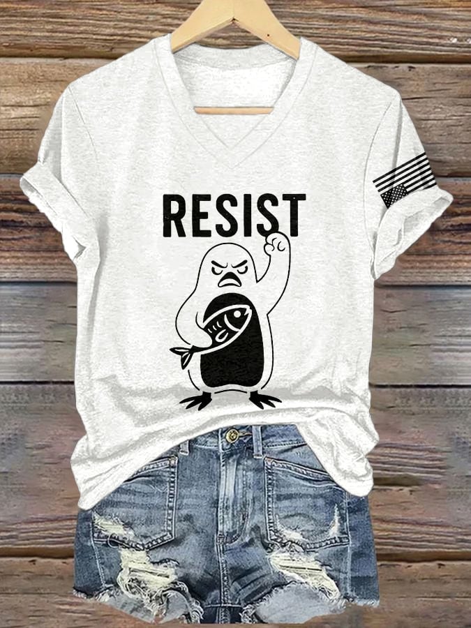 🔥Buy 3 Get 15% Off🔥V-Neck Retro Penguins Resist Tariffs Print T-Shirt