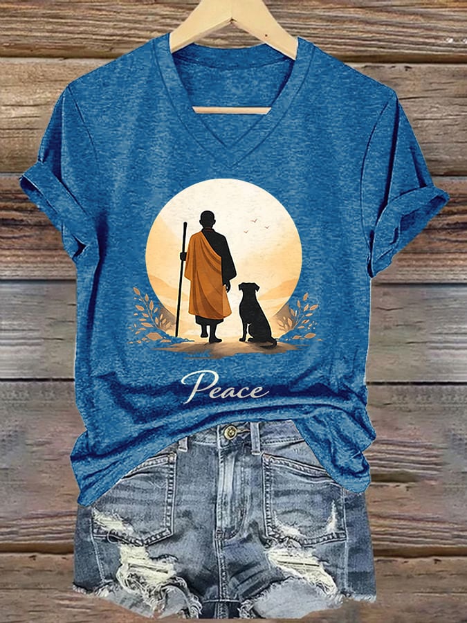V-Neck Retro Walk For Peace Monks With Aloka Dog Print T-Shirt