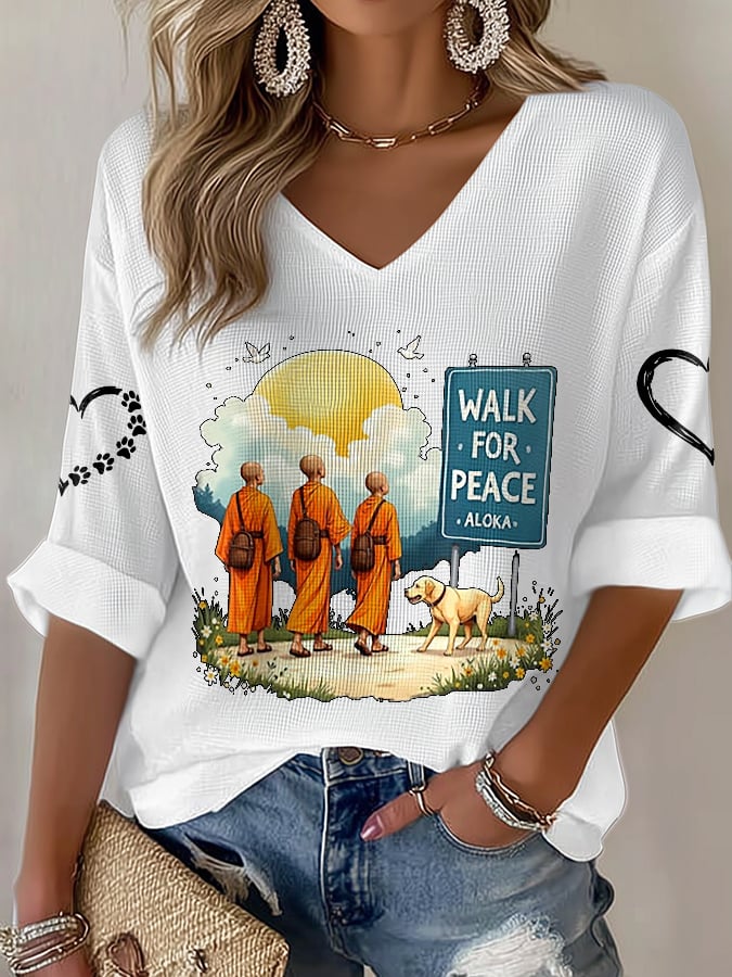 V-Neck Retro Walk For Peace Monks With Aloka Dog Print T-Shirt