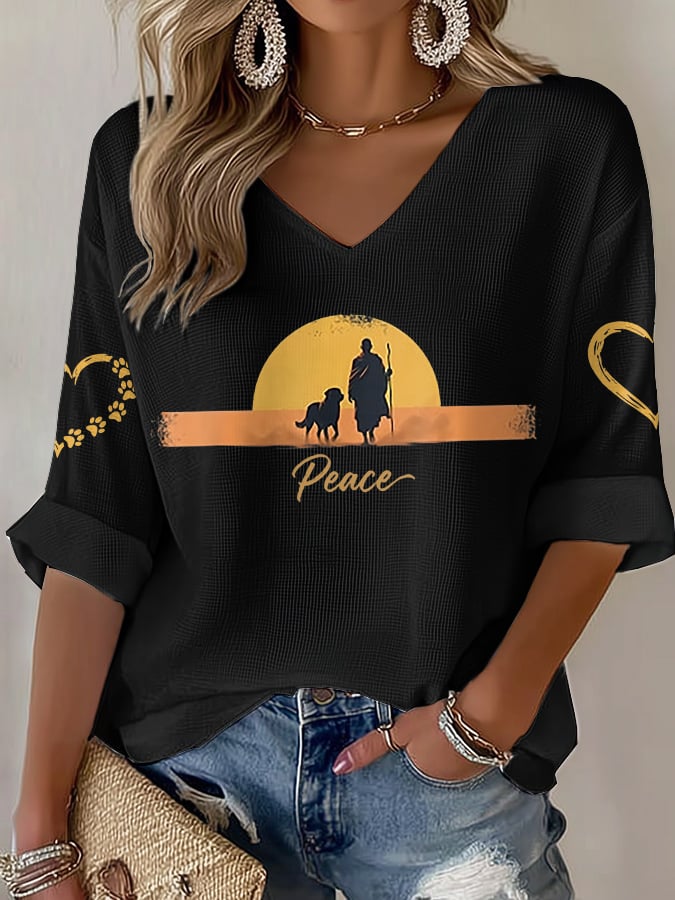 V-Neck Retro Walk For Peace Monks With Aloka Dog Print T-Shirt