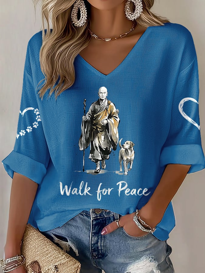 V-Neck Retro Walk For Peace Monks With Aloka Dog Print T-Shirt