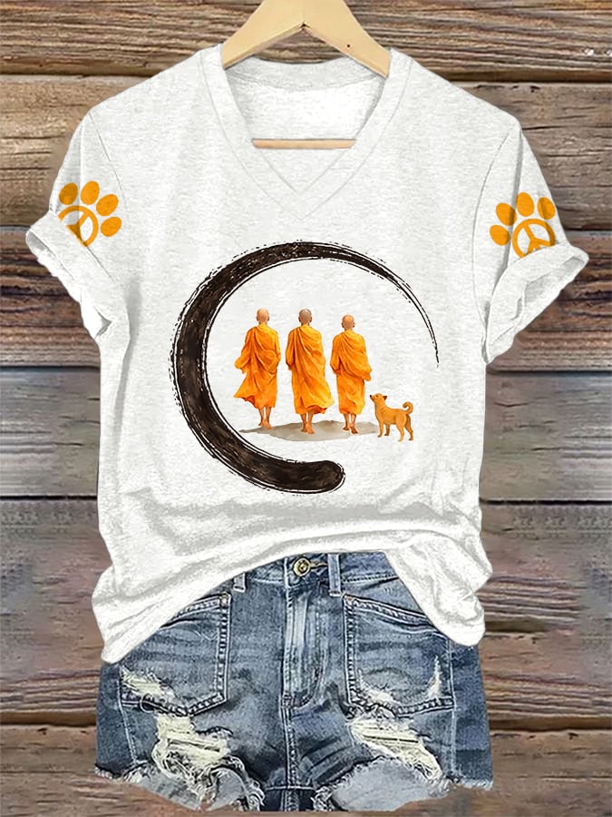 V-Neck Retro Walk In Peace Like Aloka Dog Print T-Shirt