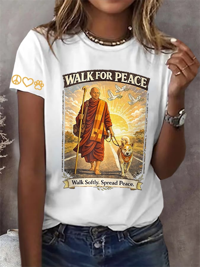 Retro Walk For Peace Monks With Aloka The Peace Dog Walk For Peace Walk Softly. Spread Peace Print T-Shirt