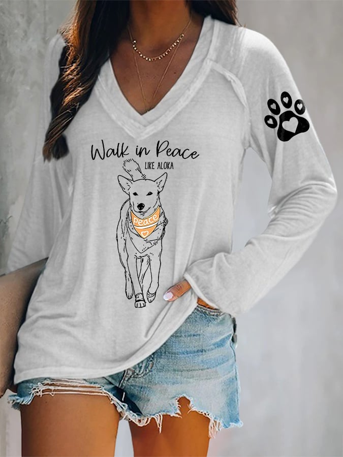 V-neck Retro Walk For Peace Monks With Aloka Dog Print T-Shirt