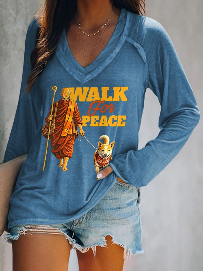 V-neck Retro Walk For Peace Monks With Aloka Dog Print T-Shirt