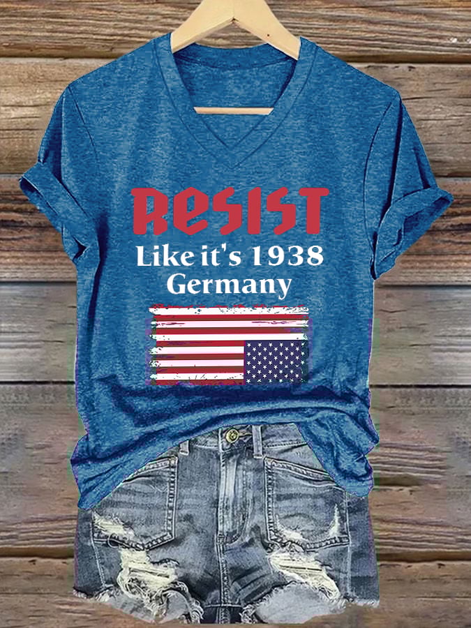 V-Neck Retro Resist Like It's 1938 Germany Print T-Shirt