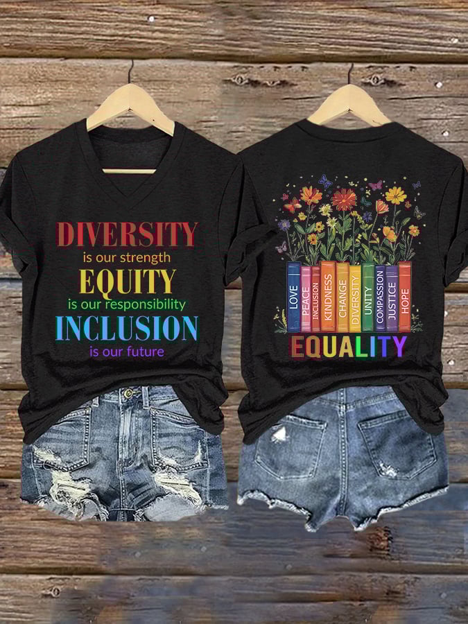 🔥Buy 3 Get 15% Off🔥V-neck Retro Diversity Is Our Strength Equity Is Our Responsibility Inclusion Is Our Future Print T-Shirt