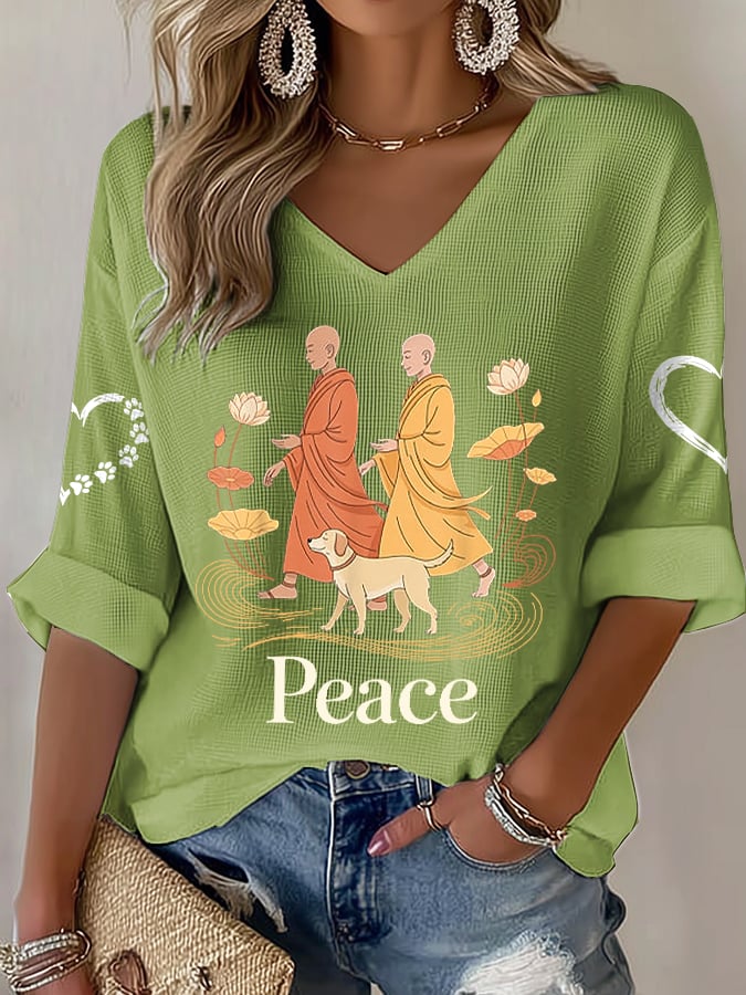 V-Neck Retro Walk For Peace Monks With Aloka Dog Print T-Shirt