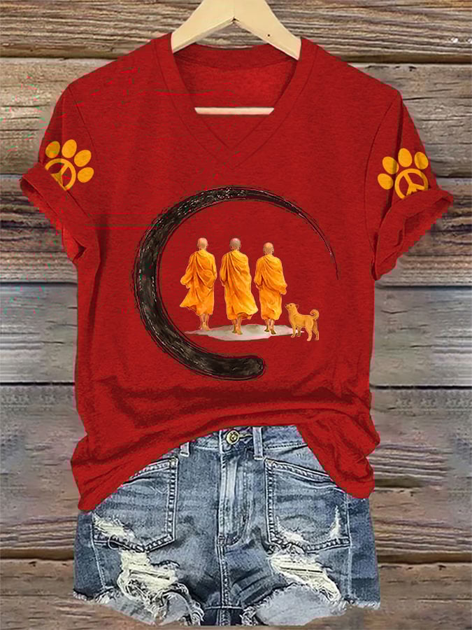 V-Neck Retro Walk In Peace Like Aloka Dog Print T-Shirt