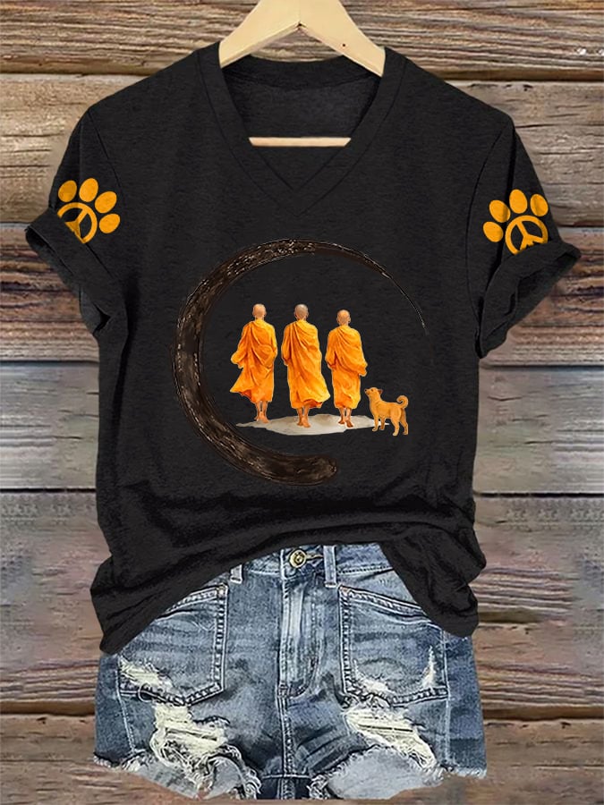 V-Neck Retro Walk In Peace Like Aloka Dog Print T-Shirt