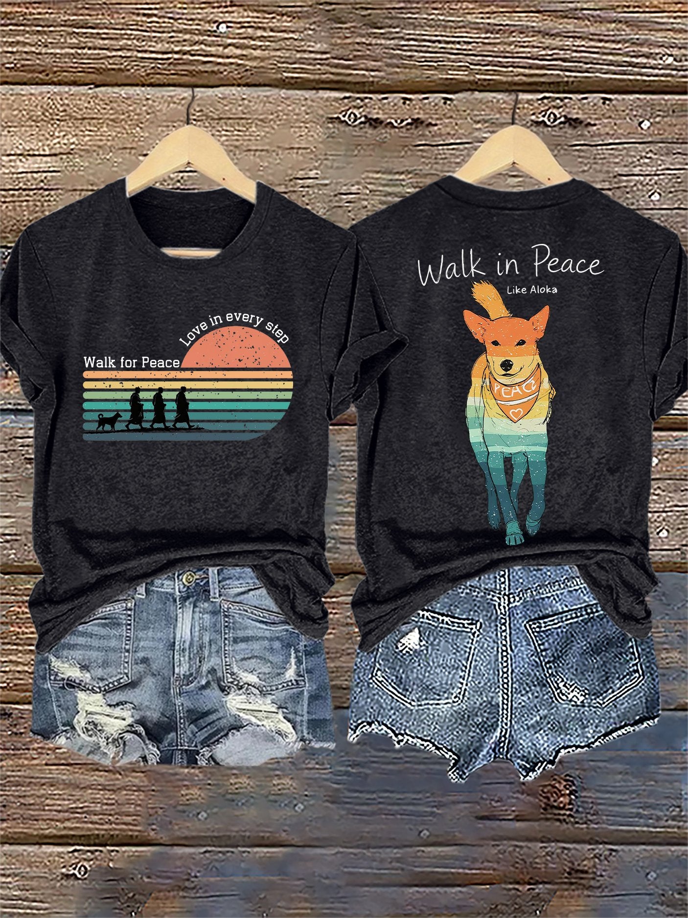 Retro Walk For Peace Love In Every Step Walk In Peace Like Aloka Dog Print T-Shirt