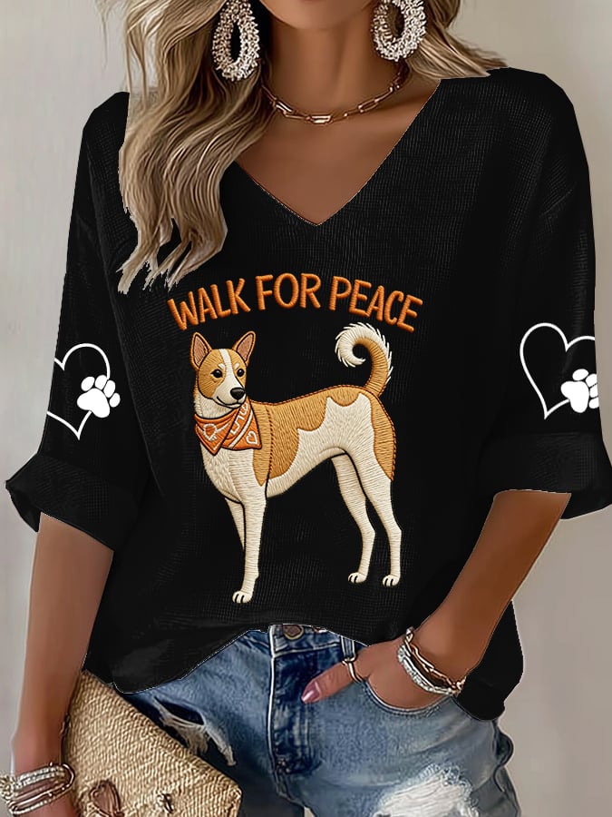 V-Neck Retro Walk For Peace Monks With Aloka Dog Print T-Shirt