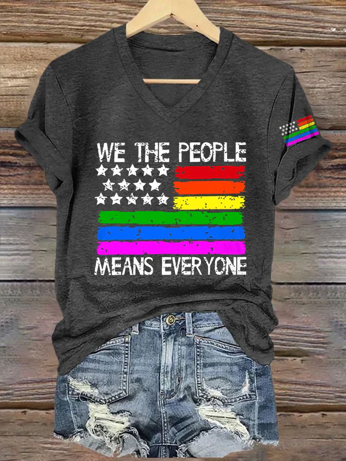 V-Neck Retro We The People Means Everyone Print T-Shirt