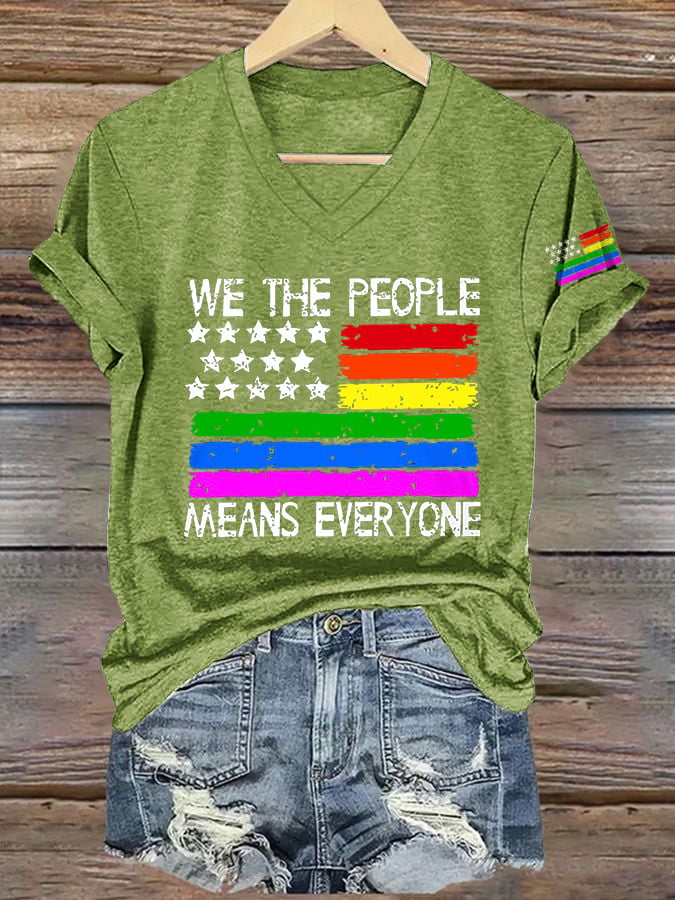 V-Neck Retro We The People Means Everyone Print T-Shirt