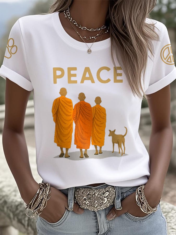 Retro Walk For Peace Monks With Aloka Dog Print T-Shirt